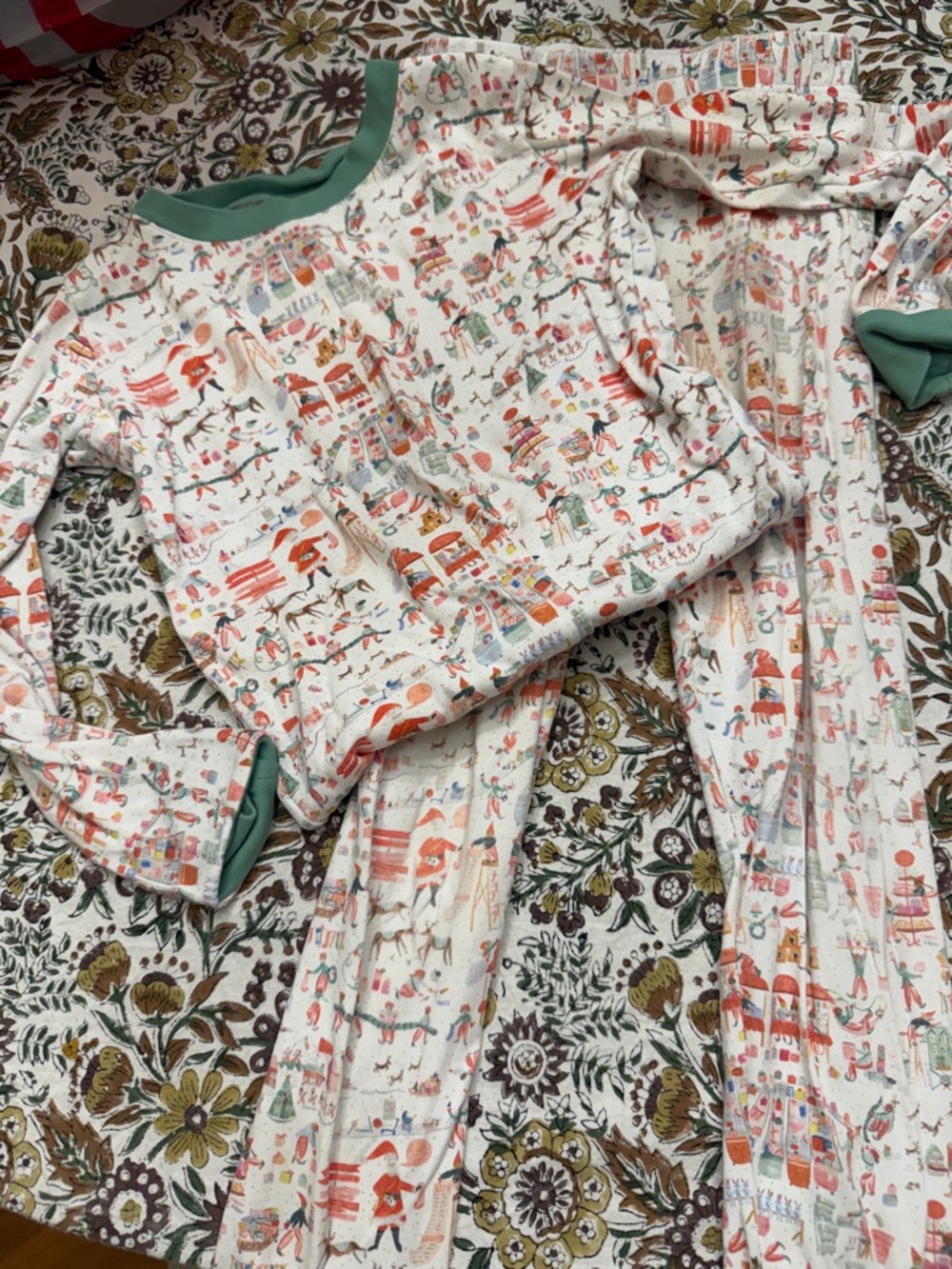 Lake Cream Kids Pajama Set with Green Trim and Storybook Print